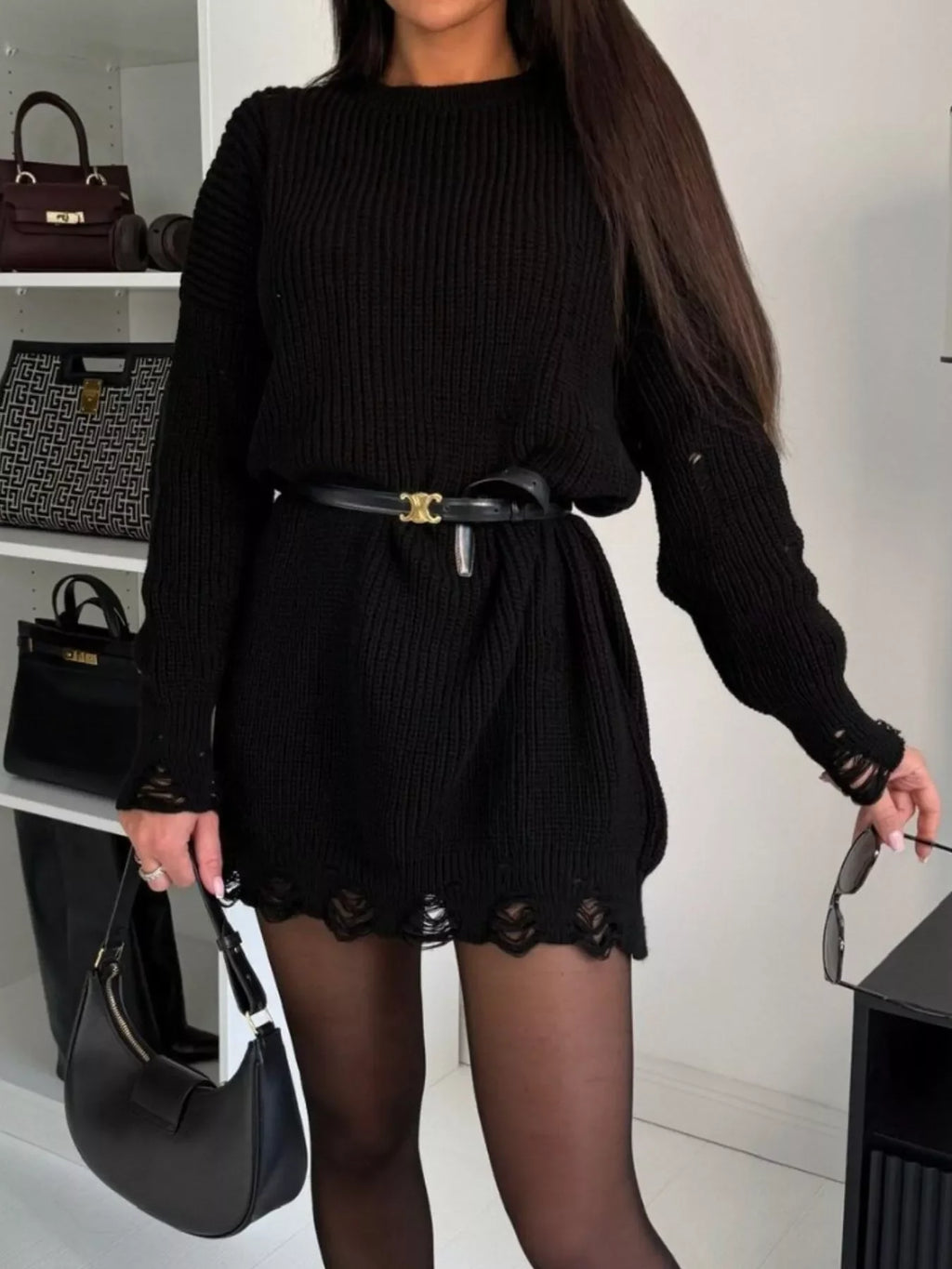 Distressed Round Neck Drop Shoulder Sweater Dress