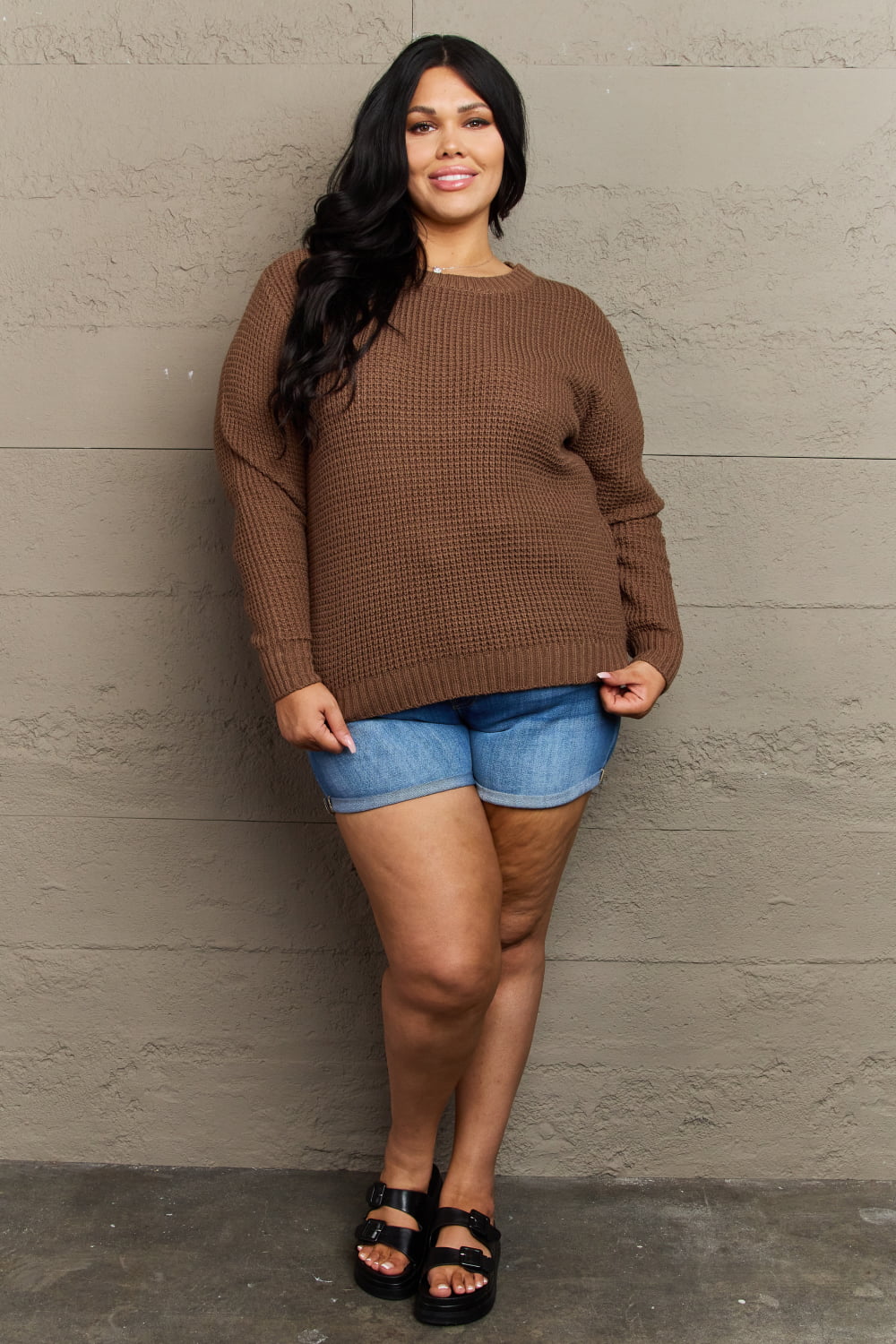 Zenana Brown Waffle Knit Sweater | Oversized High-Low