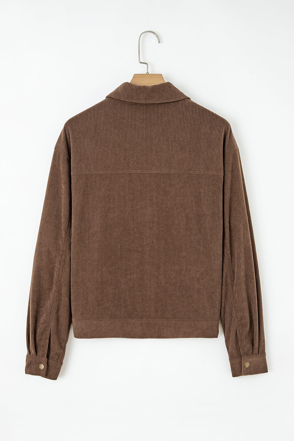 Women Brown Corduroy Trucker Jacket with Zip and Button Detail - Image 7