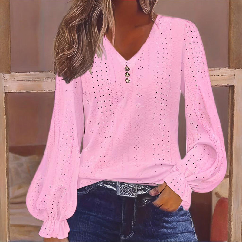 Yellow V-Neck Lantern Sleeve Lace Detail Blouse