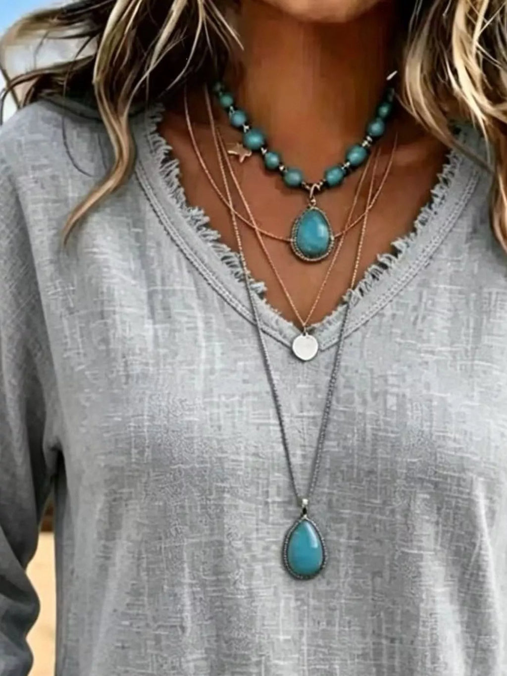 V-Neck Frayed Hem Long Sleeve T-Shirt