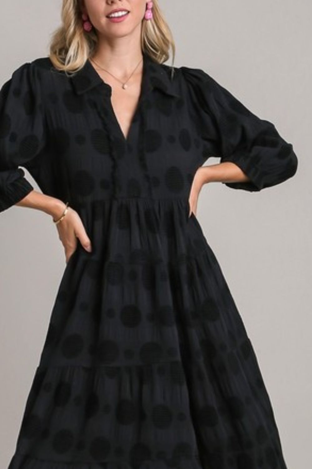 Black Dotted Jacquard Midi Dress with Ruched Waist Detail