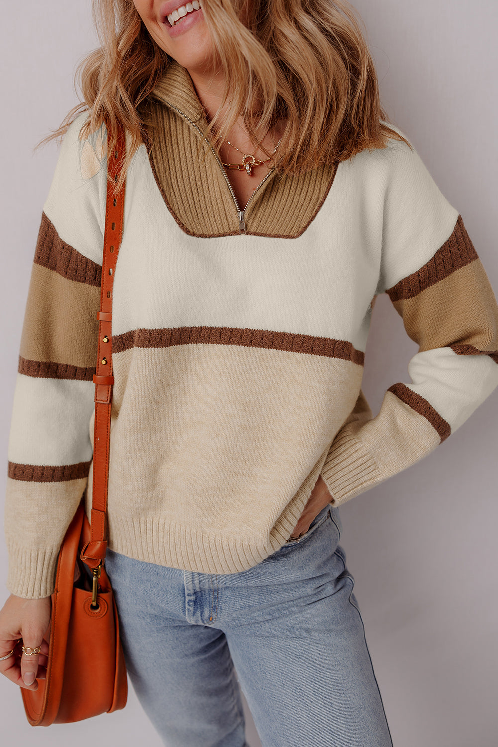 Colorblock Stripe Quarter Zip Collared Sweater