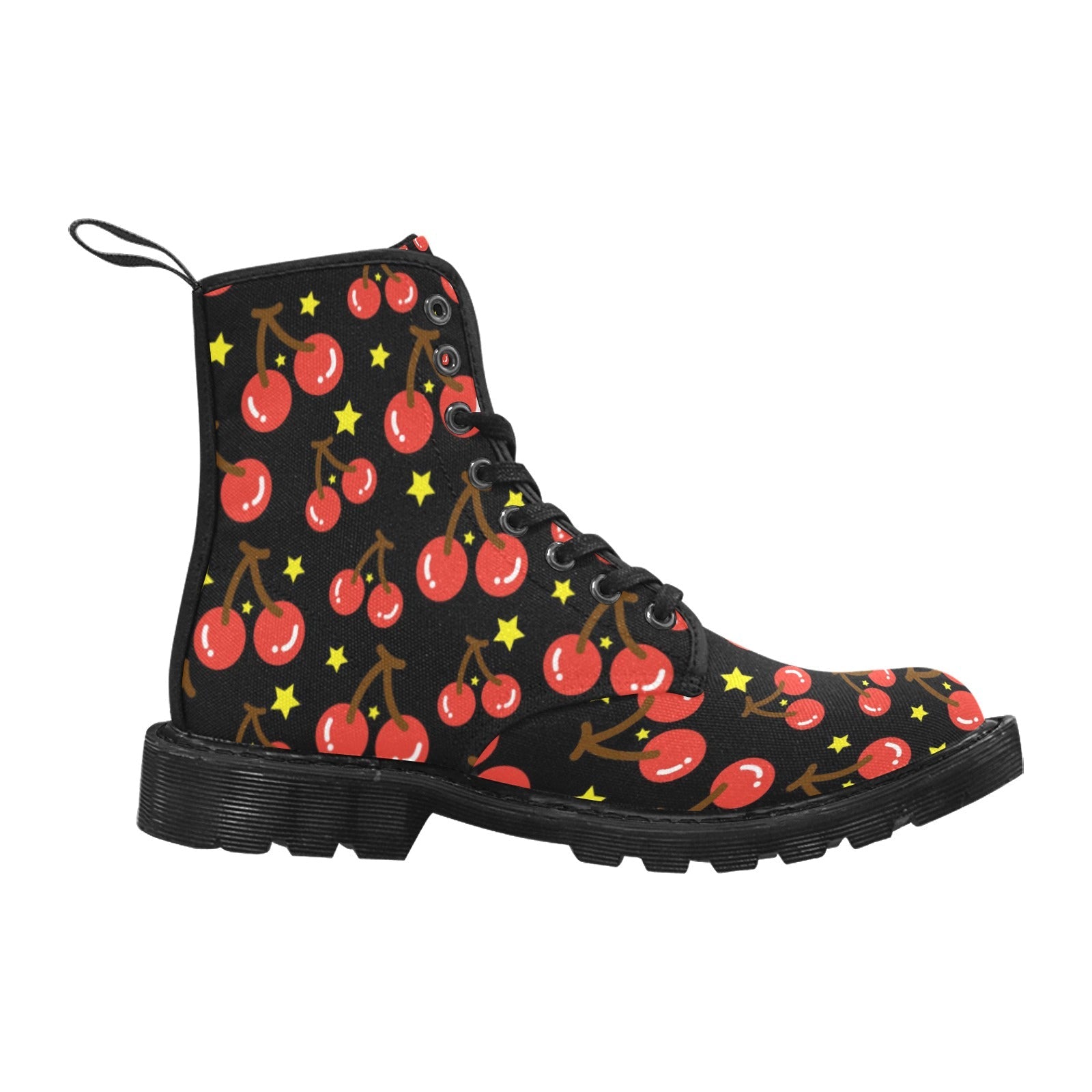 Women's Cherry & Star Print Black Canvas Lace-Up Combat Boots - Image 4