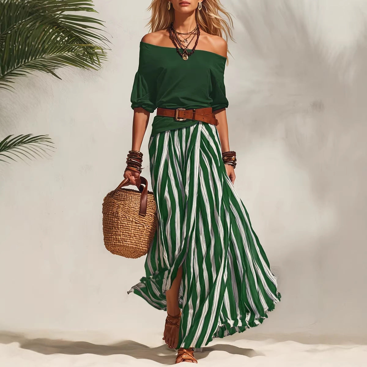 Women Off-Shoulder Top and Striped Slit Maxi Skirt Set