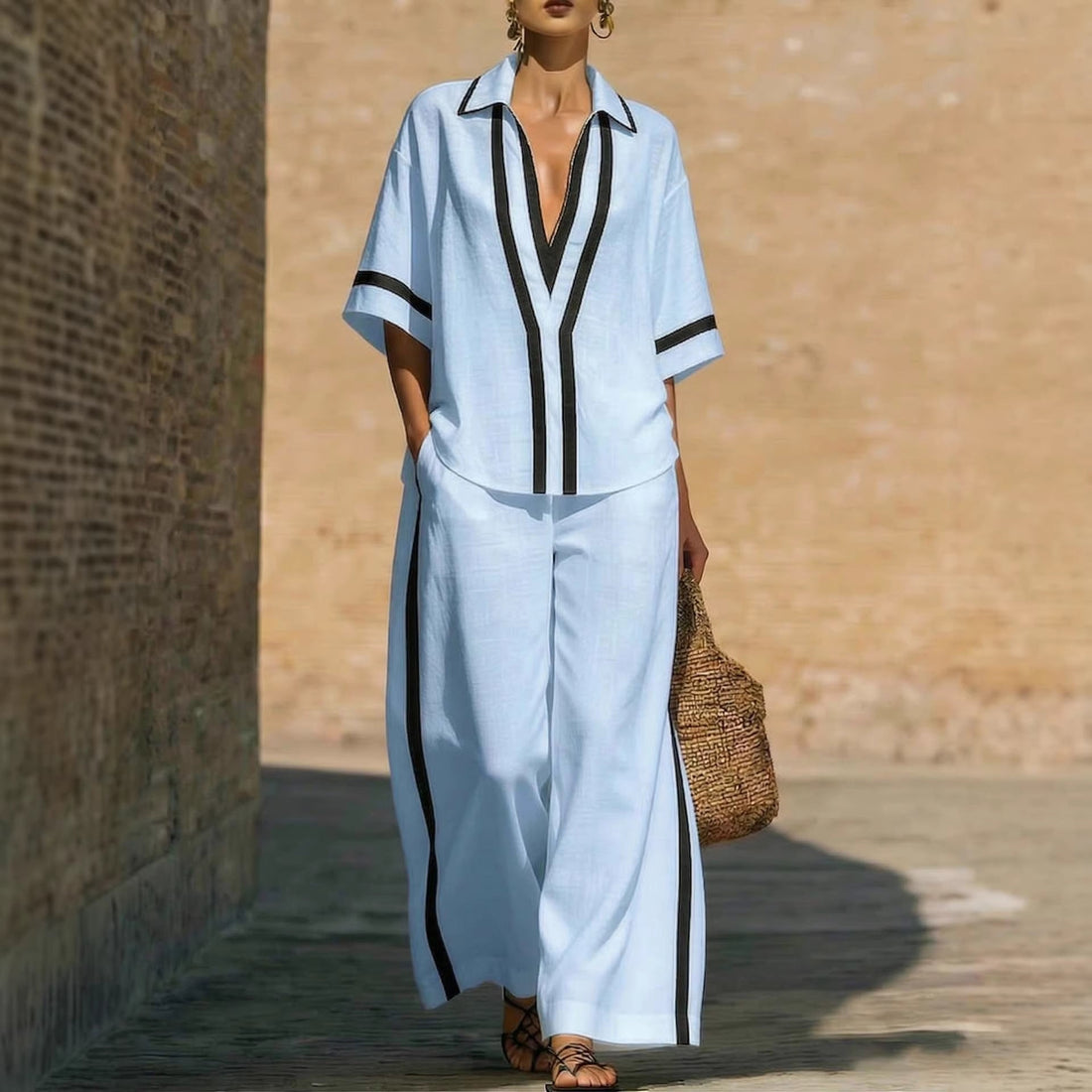 A woman wearing a two-piece color block shirt and wide-leg pants set in a light blue and black design.