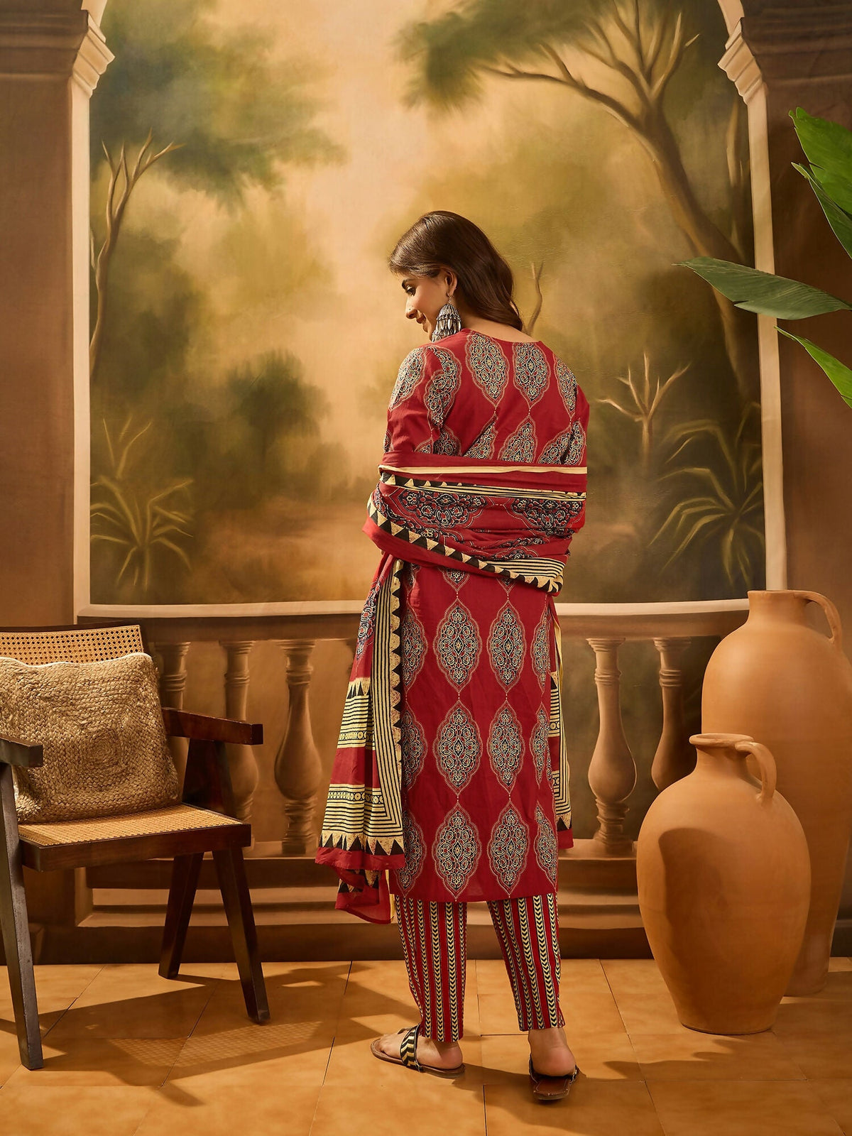 Printed Maroon Pure Cotton Kurta Set for Women