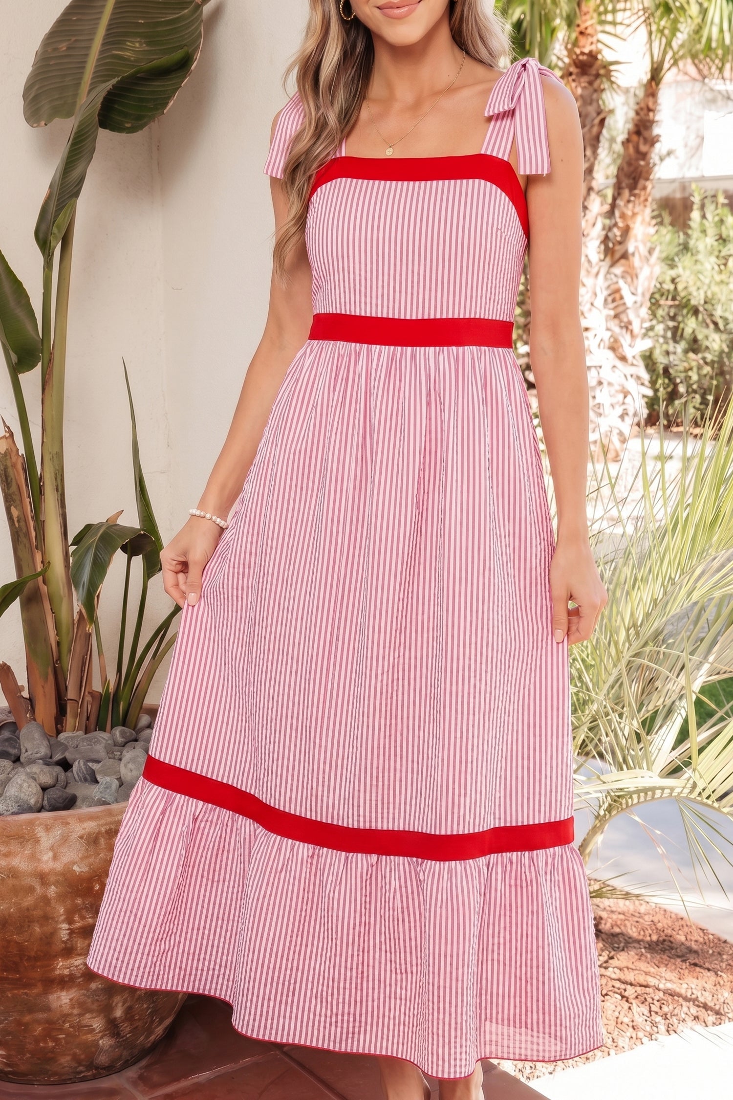 Rose Ruffle Hem Maxi Dress in Red and White Striped A-Line