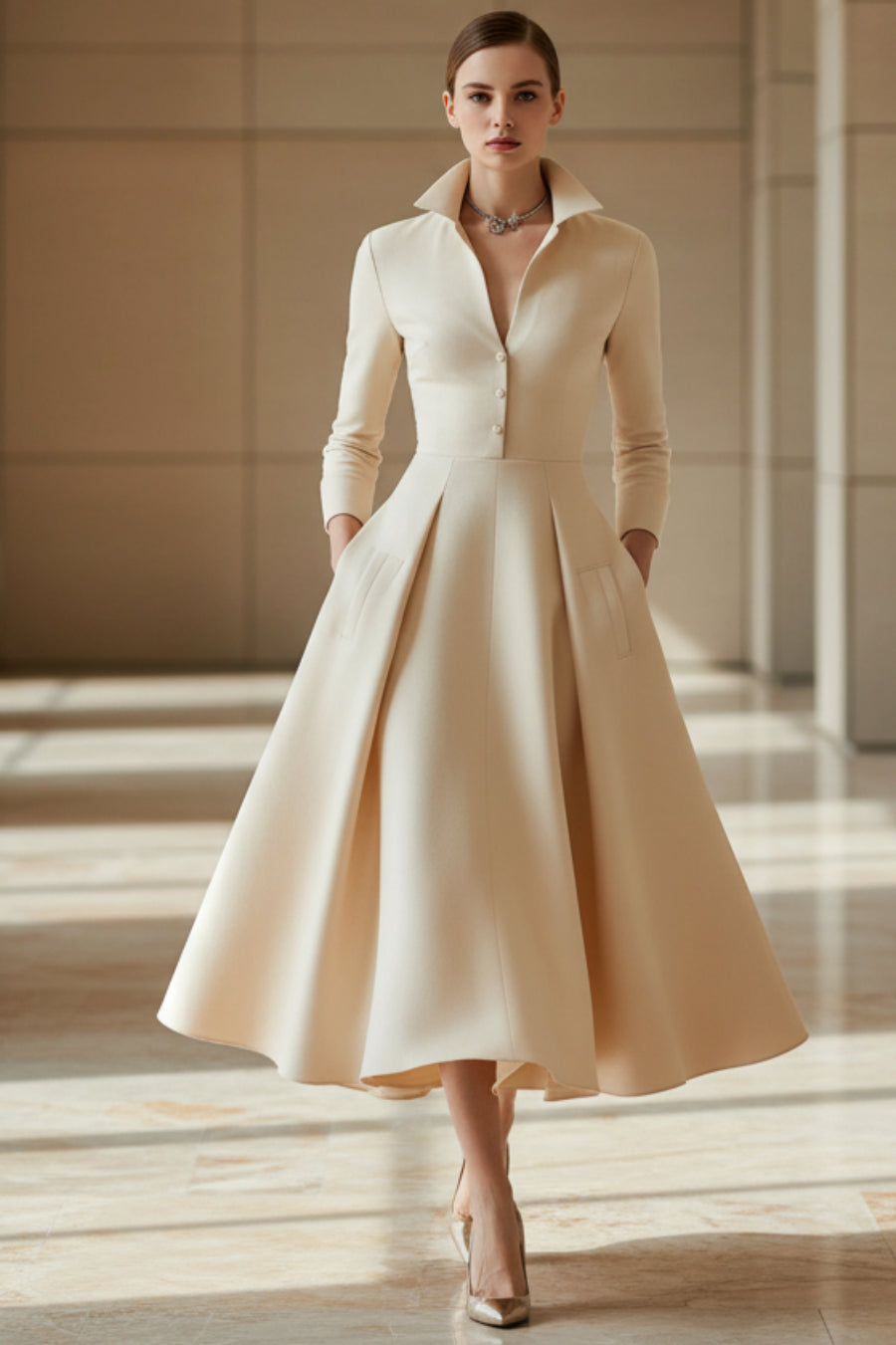 Deep V-Neck Shirt Collar Pleated A-Line Midi Dress with Pockets