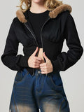 Black zip-up track jacket with hood and fuzzy hem detail