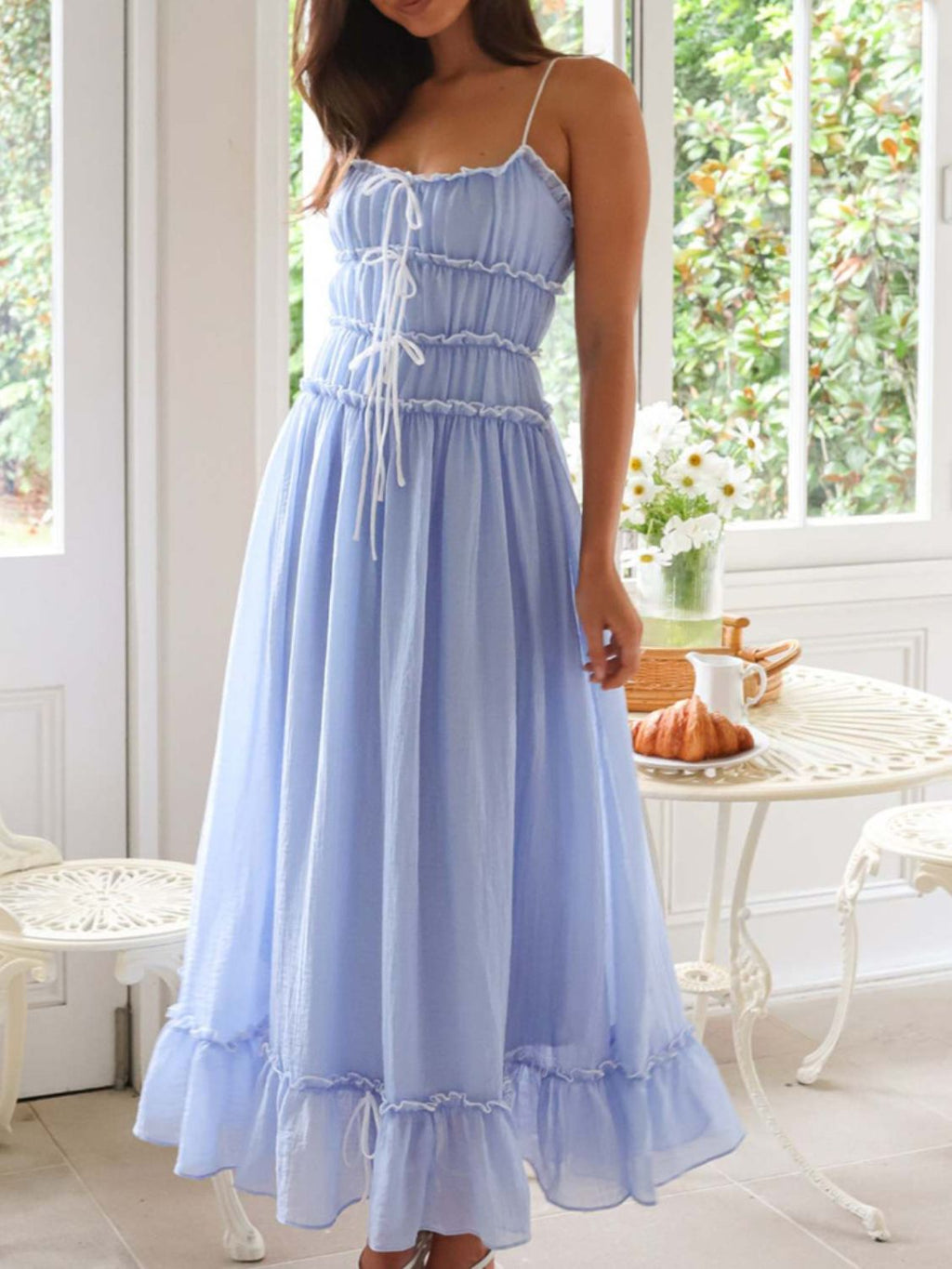 Girls Vintage Ruffled Hem Midi Dress with Tied and Ruched Detail