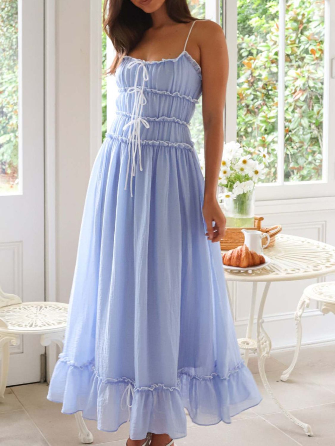 Girls Vintage Ruffled Hem Midi Dress with Tied and Ruched Detail
