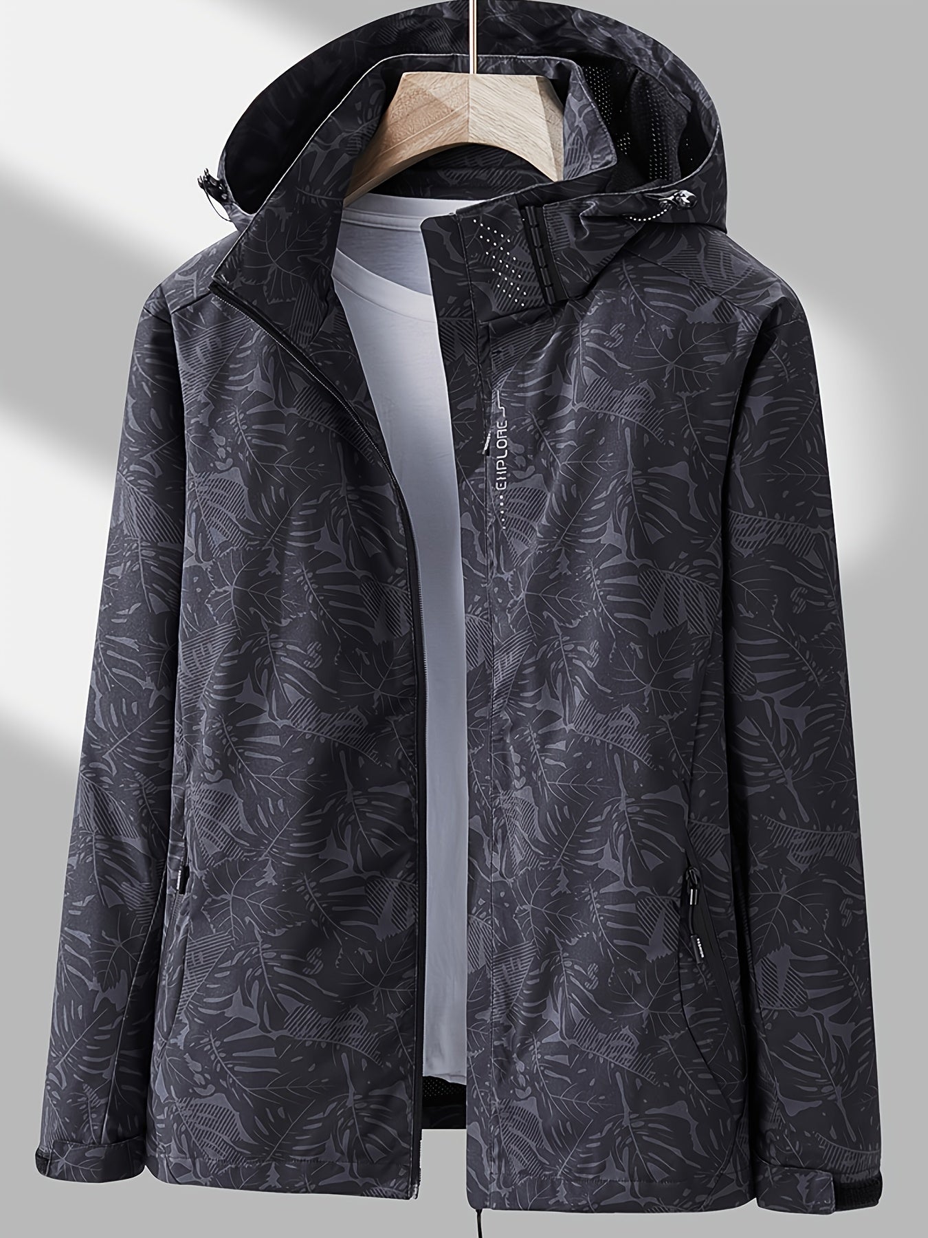 Women's Tropical Leaf Print Lightweight Windproof Hooded Jacket - Image 2