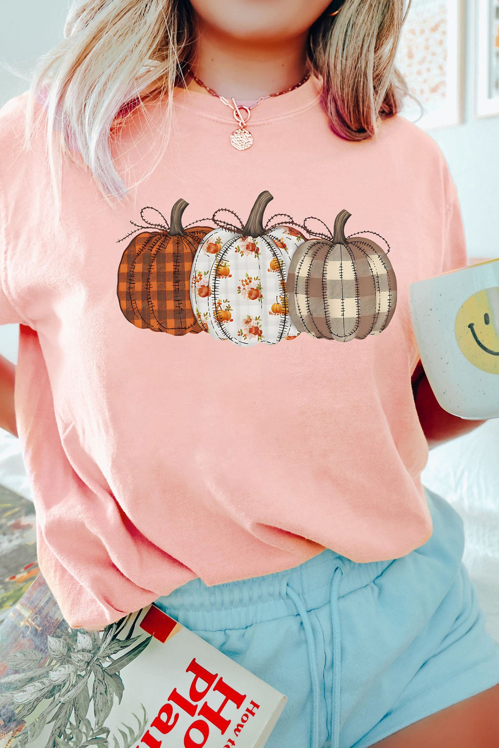 Pink Mix Pattern Pumpkin Print Round Neck T Shirt