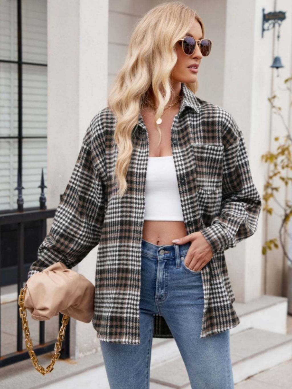 Women's Plaid Button-Down Shirt Oversized Casual Long Sleeve Top - Image 23