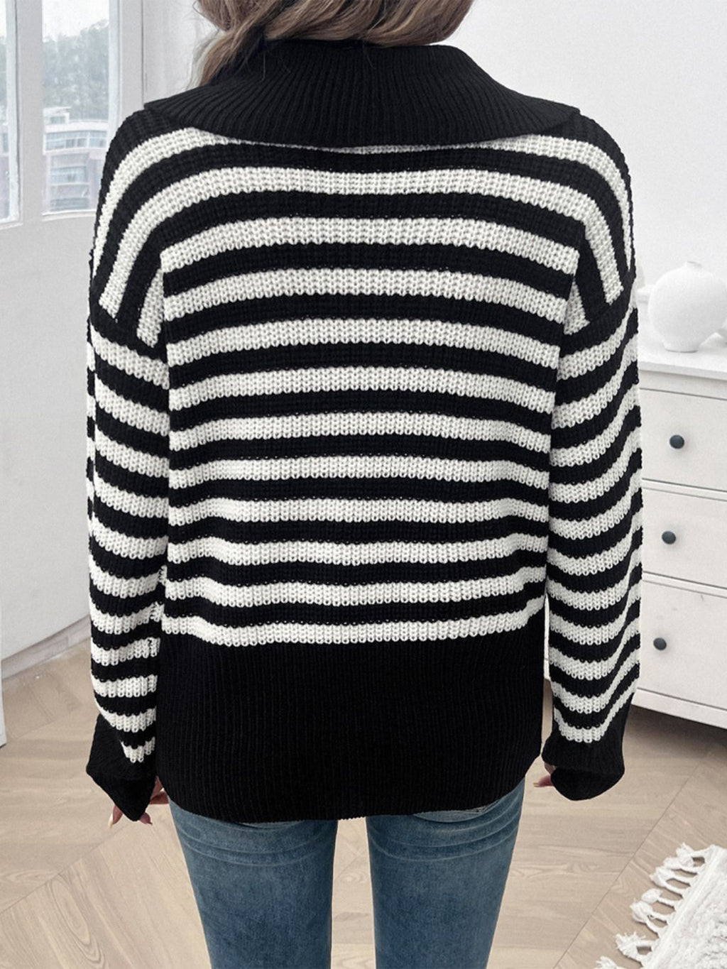 Women's Collared Striped Knit Sweater in Brown and White - Image 10