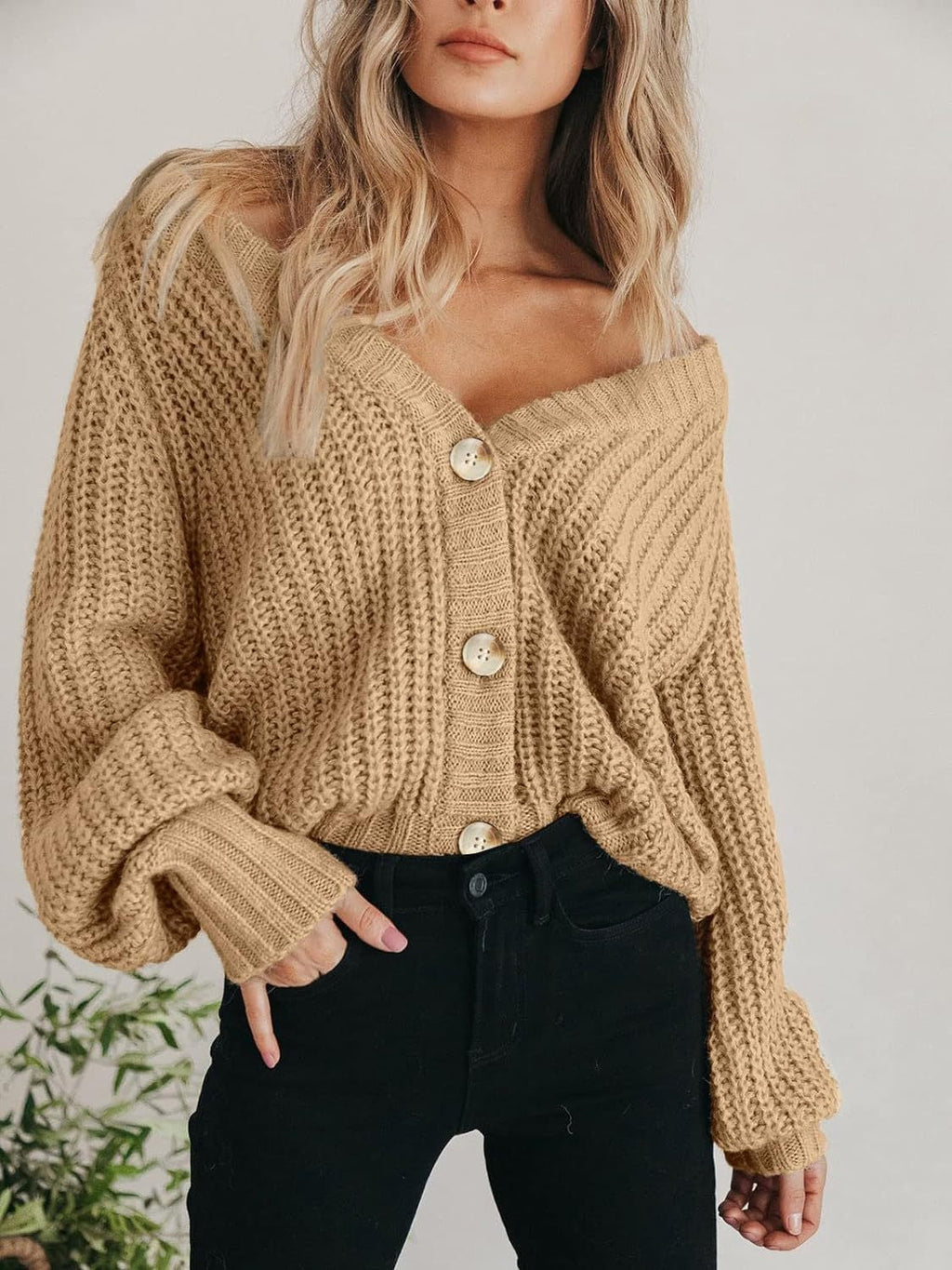 Button Up Ribbed Knit Long Sleeve Cardigan in Charcoal Grey - Image 2