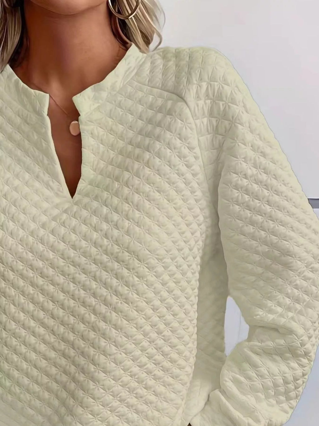 White Quilted Notched Neck Long Sleeve Sweatshirt - Image 10