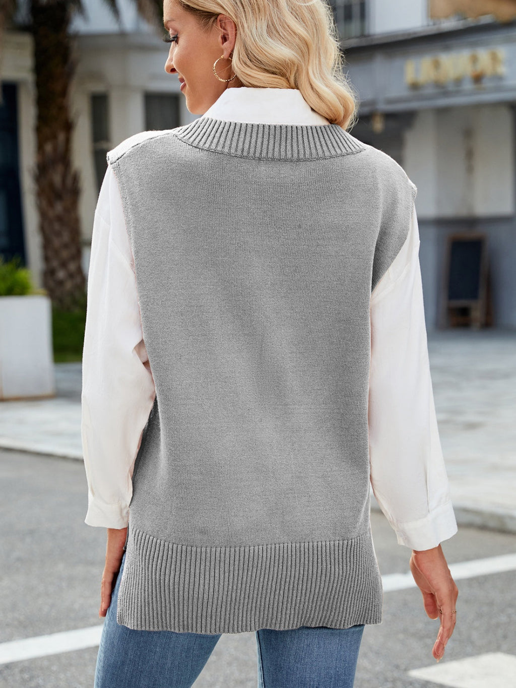 Brown V-Neck Sweater Vest with Side Slits - Image 14