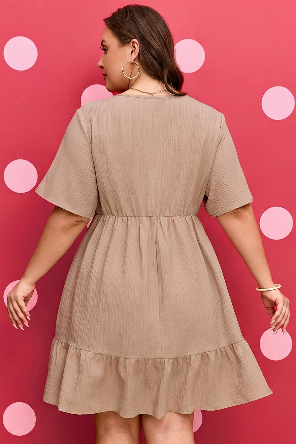 Textured Ruffle V-Neck Mini Dress in Taupe & Khaki