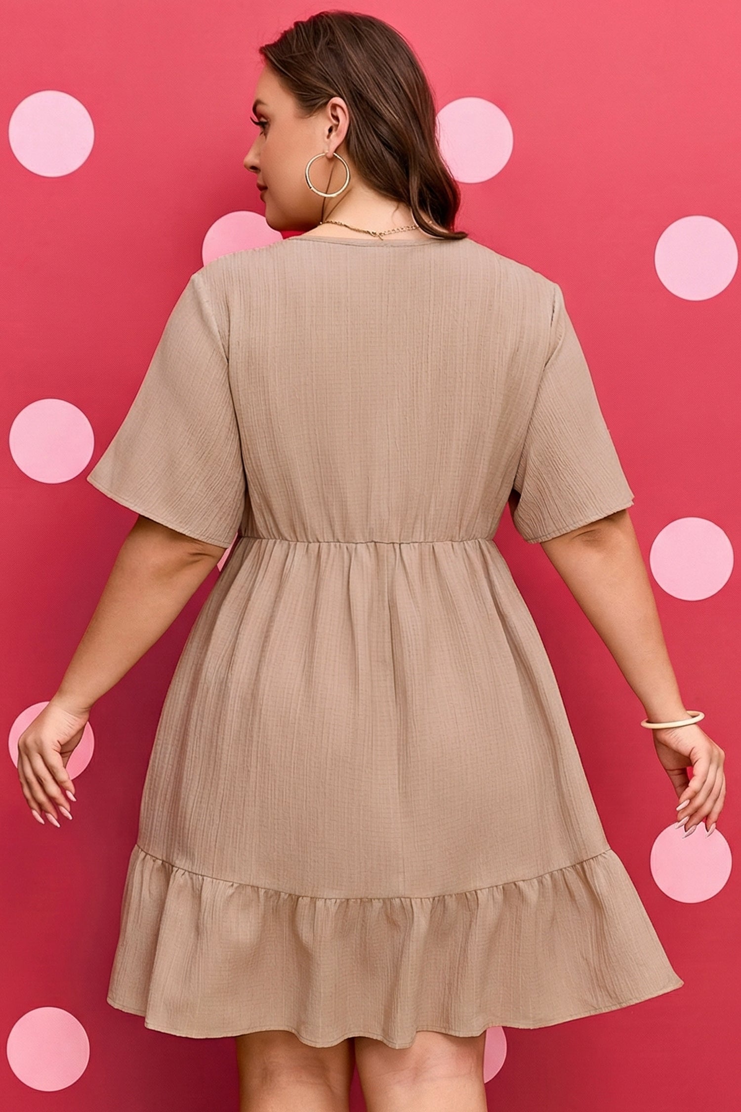 Textured Ruffle V-Neck Mini Dress in Taupe & Khaki