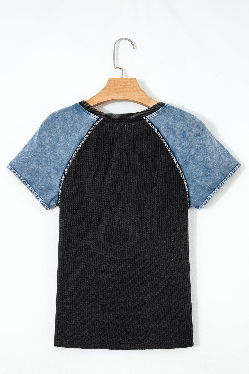 Carbon Grey Waffle Knit Color Block Patchwork Short Sleeve Top