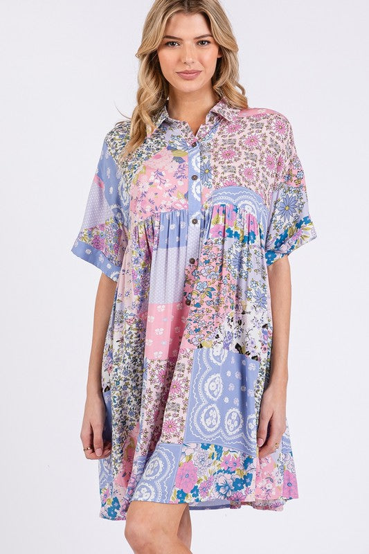 Floral Collared Mini Shirt Dress - Feminine Half Sleeve Dress
