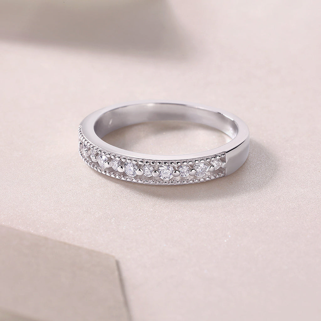 S925 Silver 2.5g Platinum Plated Moissanite Ring, 2.8mm Milgrain Stackable Band, GRA Certified US 5-9