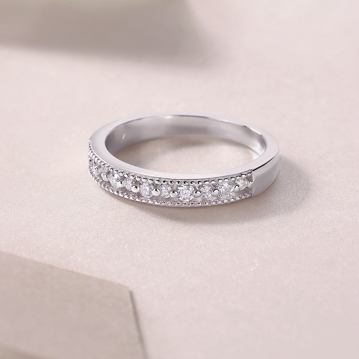 S925 Silver 2.5g Platinum Plated Moissanite Ring, 2.8mm Milgrain Stackable Band, GRA Certified US 5-9
