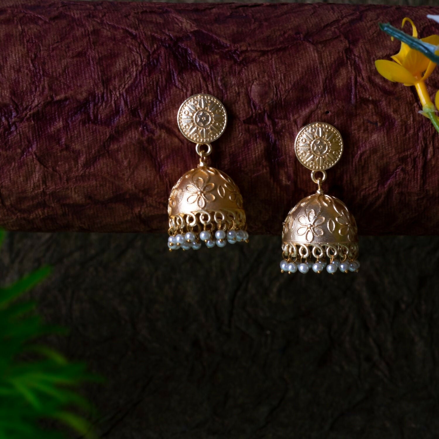 Matte Gold Brass Jhumka Earrings with Intricate Handcrafted Detail