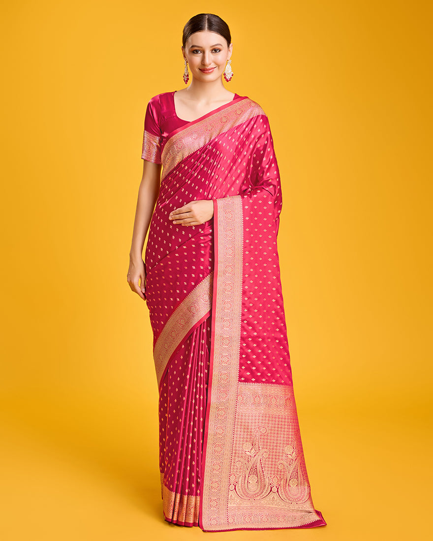 Hot pink Banarasi satin silk saree featuring elaborate zari brocade work