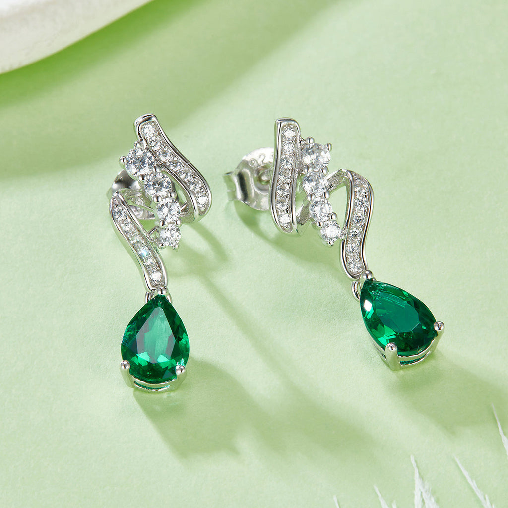 S925 Silver 2.4g 1.52ct Lab-Created Emerald Drop Earrings, 8x5mm Pear Cut