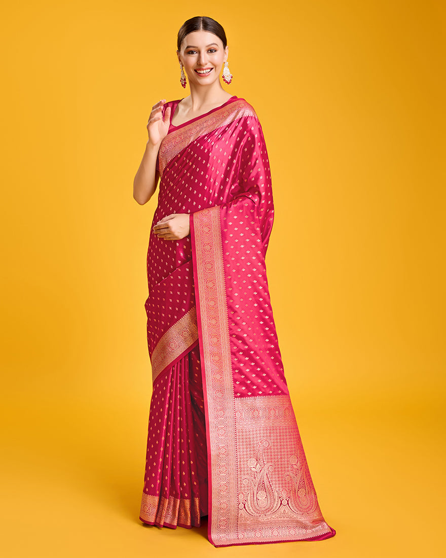 Hot Pink Banarasi Satin Silk Saree with Rich Zari Brocade