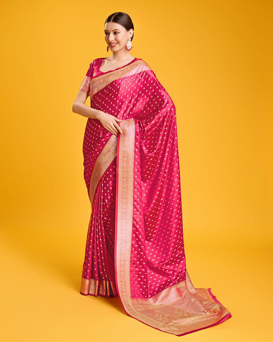 Hot Pink Banarasi Satin Silk Saree with Rich Zari Brocade