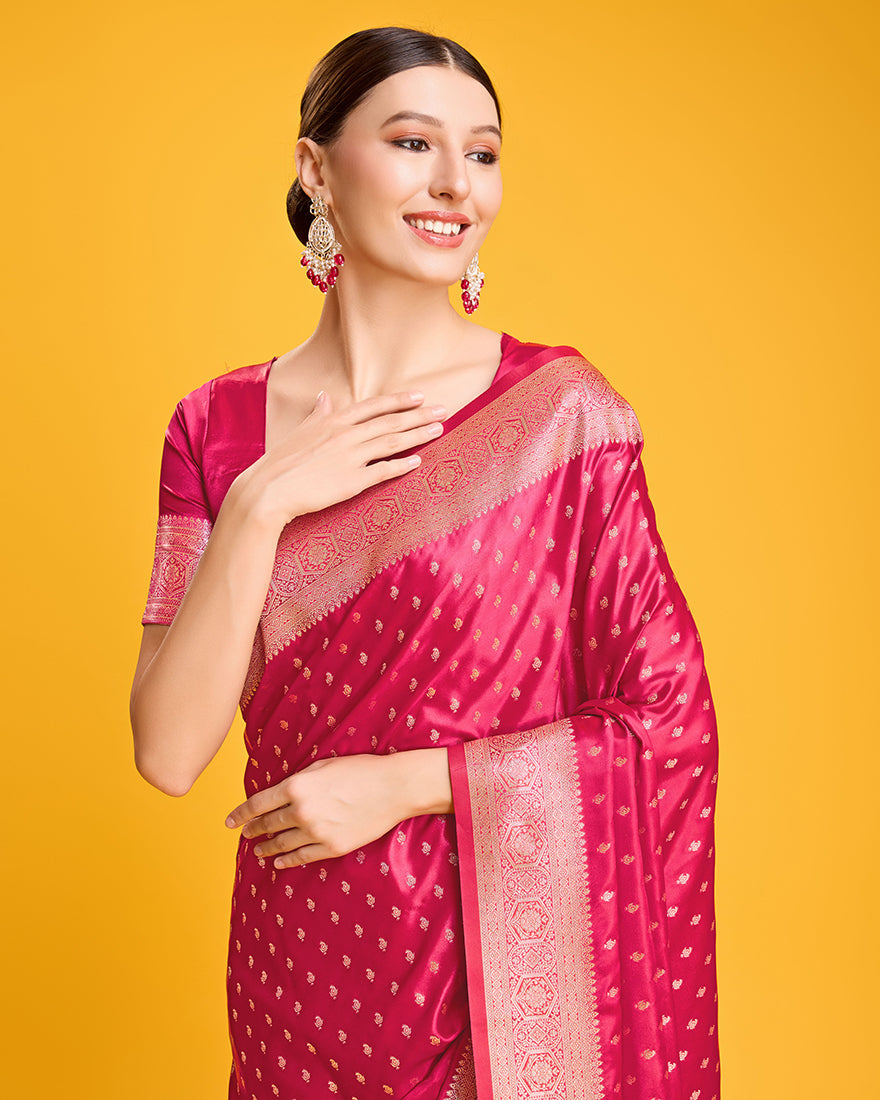 Hot Pink Banarasi Satin Silk Saree with Rich Zari Brocade