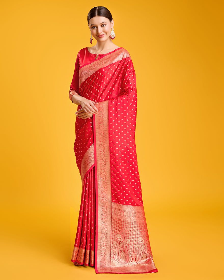 Red Banarasi Satin Silk Saree with Rich Brocade Zari Work