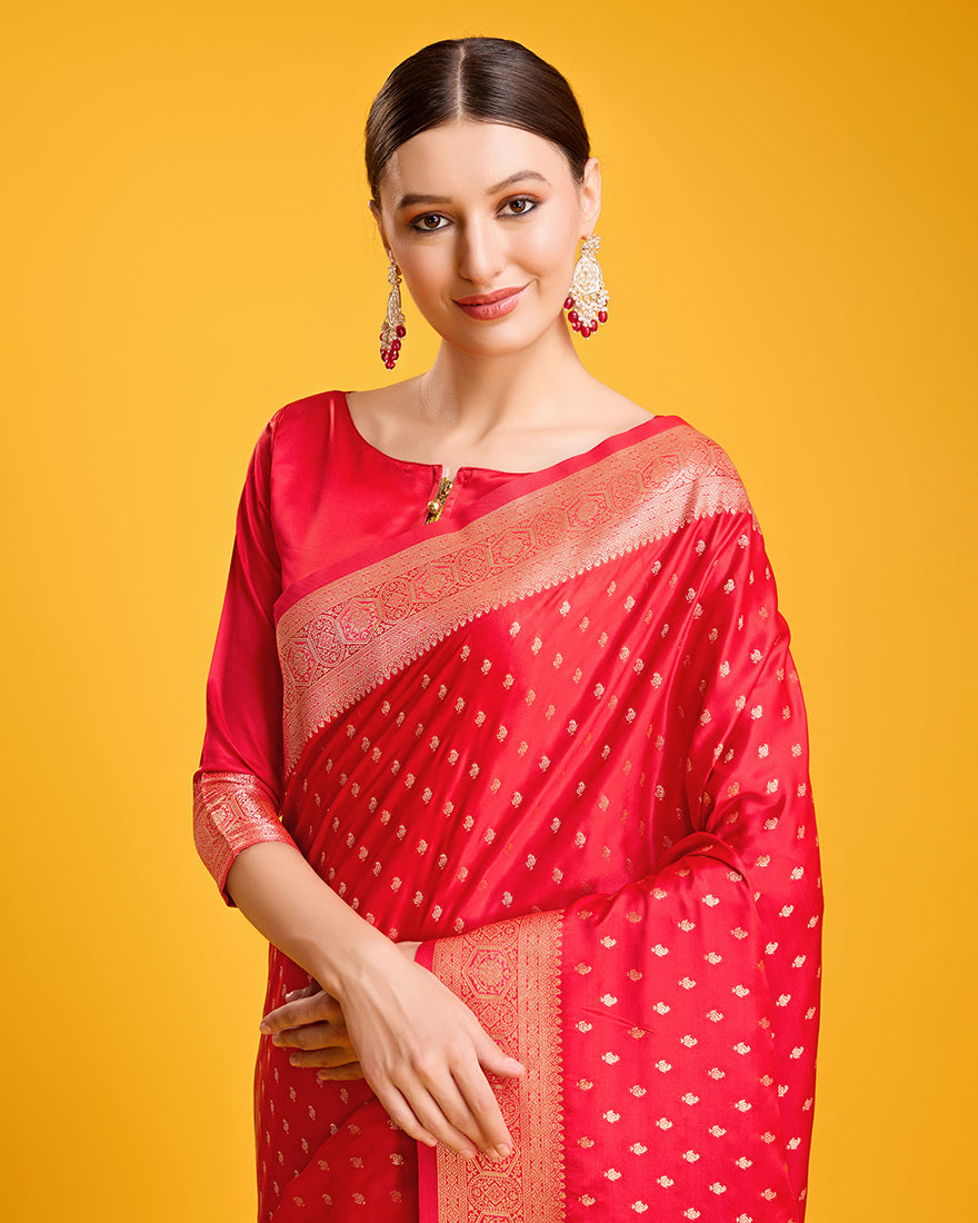 Red Banarasi Satin Silk Saree with Rich Brocade Zari Work