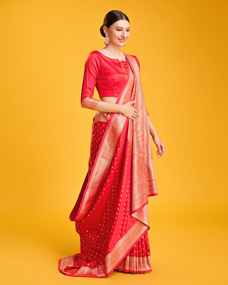 Red Banarasi Satin Silk Saree with Rich Brocade Zari Work