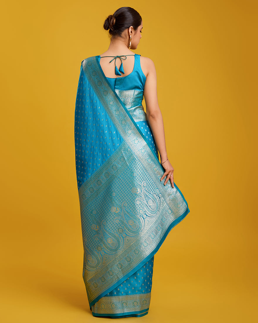 Cyan Banarasi Silk Saree with Zari Woven Work for Elegant Events