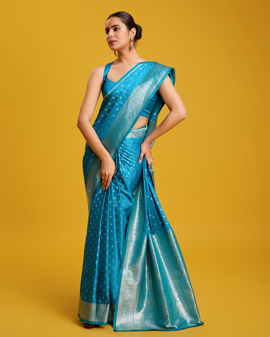 Cyan Banarasi Silk Saree with Zari Woven Work for Elegant Events