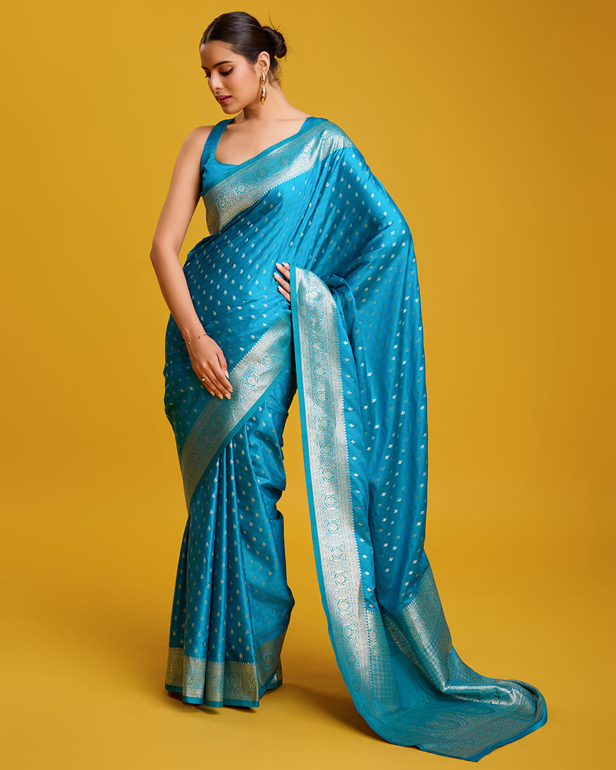 Cyan Banarasi Silk Saree with Zari Woven Work for Elegant Events