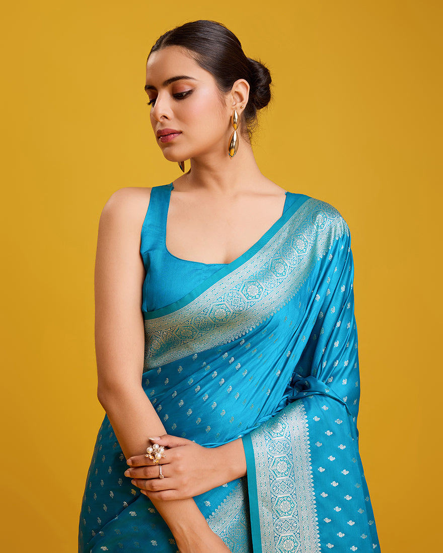 Cyan Banarasi Silk Saree with Zari Woven Work for Elegant Events