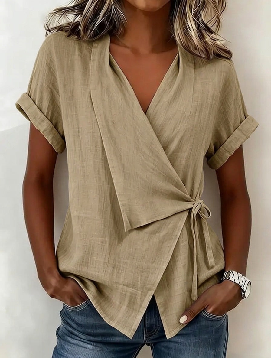 Women's Casual Lapel Collar Lace-Up Linen Blend Short-Sleeve Top - Image 8