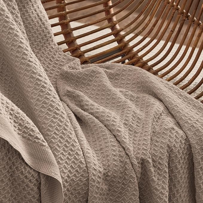 Bedsure 100% Cotton Blanket Queen Size for Bed - Breathable and Soft, Waffle Weave Blanket for Summer, Thick Cozy Fall Blankets for Women Gift, Taupe, 90x90 Inches