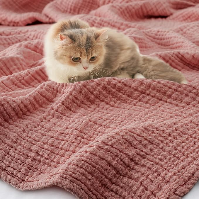 Carriediosa 100% Cotton Muslin Throw Blanket 108" X 90" King Size，4-Layers Summer Gauze Throws for Bed Couch，Soft Lightweight Breathable Linen Blankets Bedspread for Adults All Season，Mauve