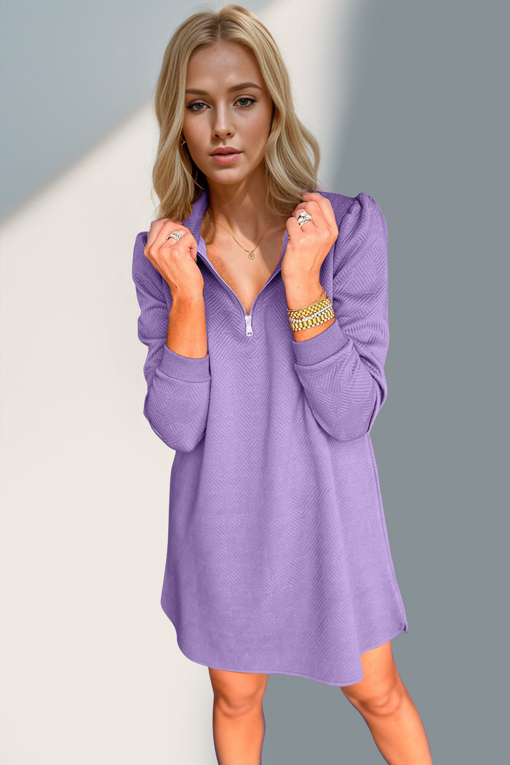 Textured Zip-Front Long Sleeve Dress - Elegant Women's Apparel