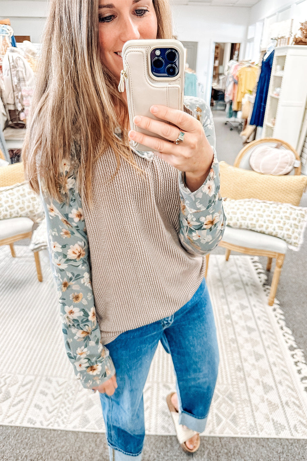 112 Parchment Ribbed Floral Patchwork Long Sleeve Top