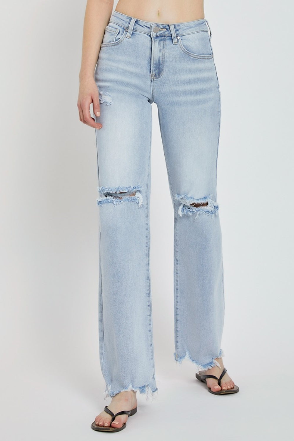 RISEN High Rise Distressed Wide Leg Jeans in Light Blue