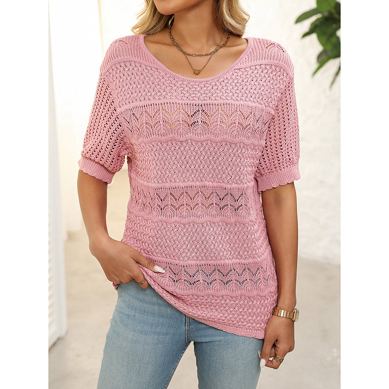 Women’s Short Sleeve Crochet Knit Hollow-Out Crew-Neck Top