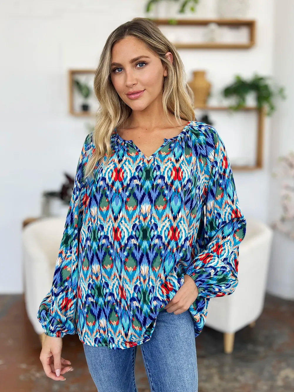 Printed Balloon Sleeve Blouse | Geometric V-Neck Chiffon Top